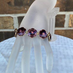 Handmade Purple Cloisonné Flower Bracelet With Gold Beads as Spacers